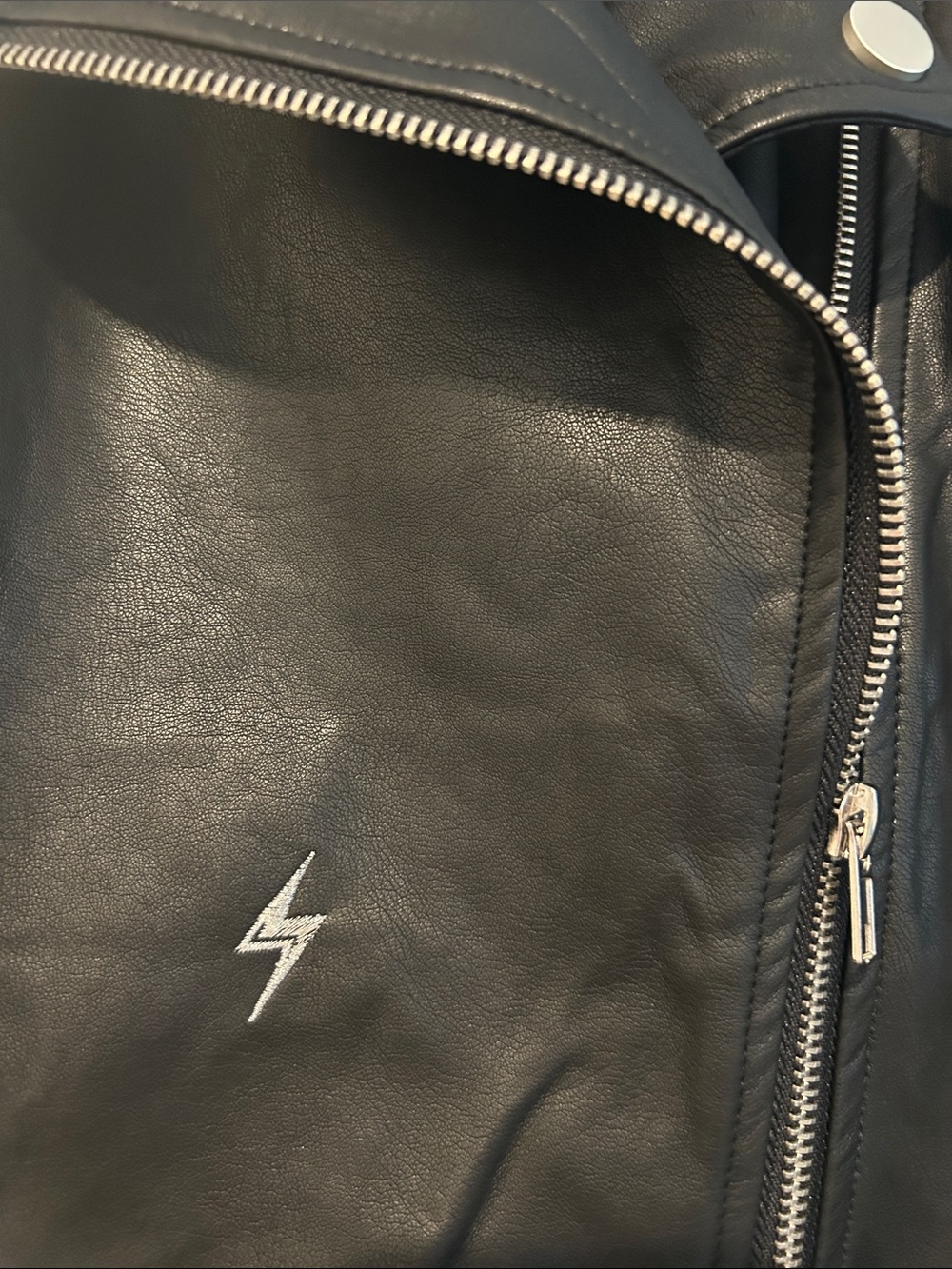 Black Faux Leather Moto Jacket with Lightning Bolt Embroidery - Picture 3 of 6